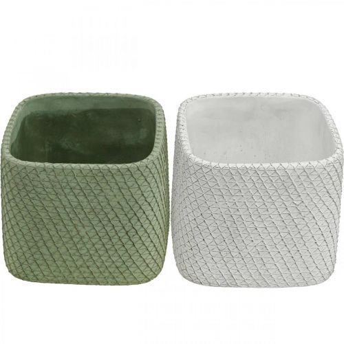 Artikel Plantenbak keramiek wit groen reliëf mesh 12,5x12,5cm H9cm 2st