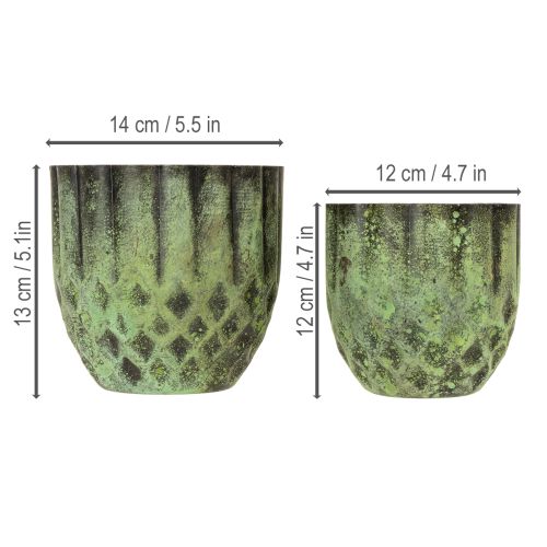 Artikel Vintage metalen bloempot, groen, Ø14/12 cm, set van 2