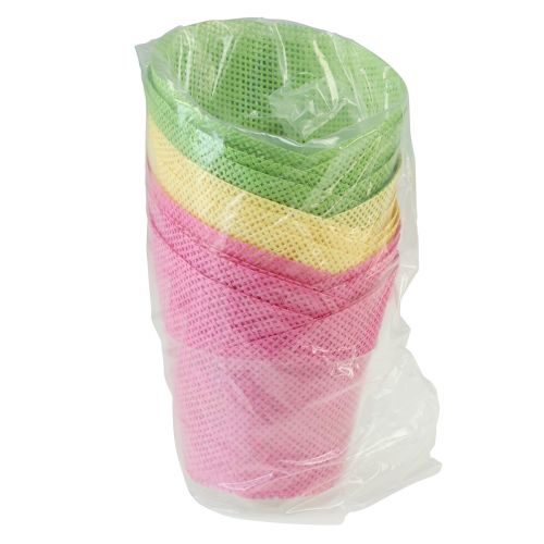 Artikel Plantenbak papier plantenpot geweven roze geel groen Ø9cm H18cm 9st