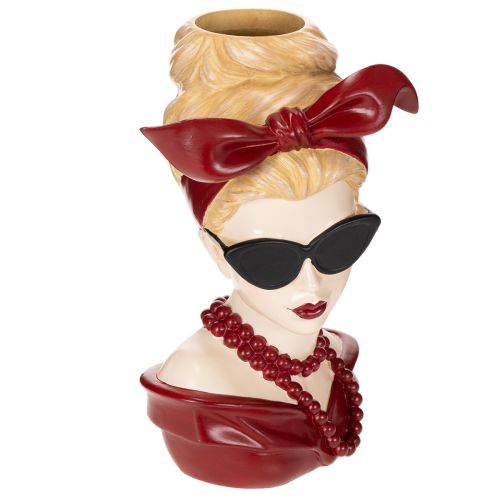 Vaas in de vorm van een vrouwenhoofd met zonnebril en parelketting, 30 cm