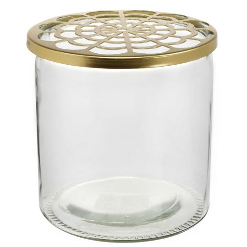 Artikel Vaas met metalen deksel, insteekhulp, glazen vaas met insteekbevestiging, tafeldecoratie H15cm Ø15cm