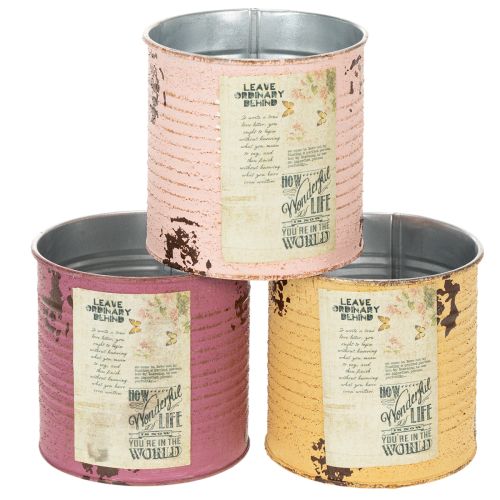 Bloempot/blik in vintage-stijl met opschrift voor binnendecoratie, 11 cm, 3 stuks