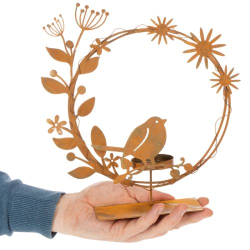 Decoratieve theelichthouder met vogelmotief en bloemmotief, roestkleurige look, 24 x 27 x 6 cm | Floristik24.nl