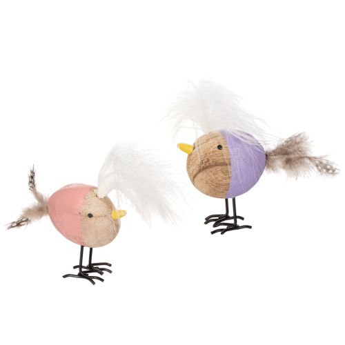 Decoratieve houten vogel met veren en een kleurrijk lijfje voor tafeldecoratie, 10 cm, 6 stuks