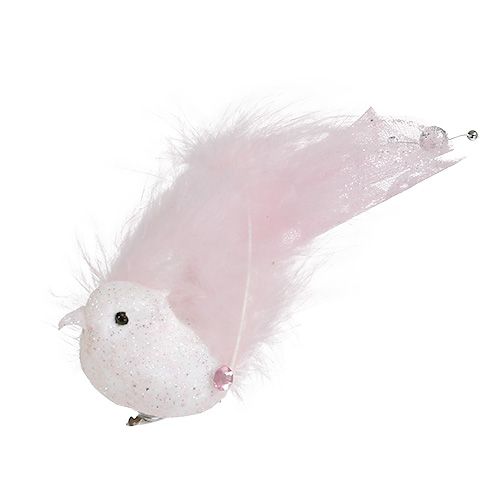 Vogel op clip 14cm roze, mica 2st
