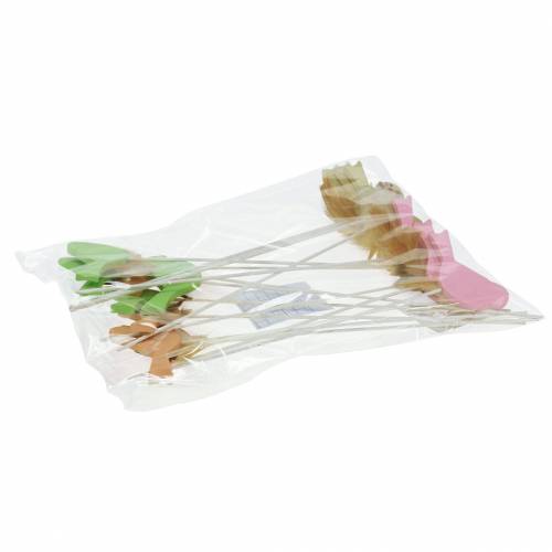 Floristik24 Decoratieve plug vogel hout groen, roze, geel, oranje assorti 7cm x 4cm H24cm 16 st