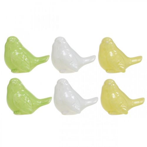 Artikel Vogel keramiek wit, groen, geel, tafeldecoratie H5cm L6cm 6st