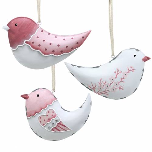 Floristik24 Vogel om op te hangen wit, oudroze assorti metaal 9cm 3st