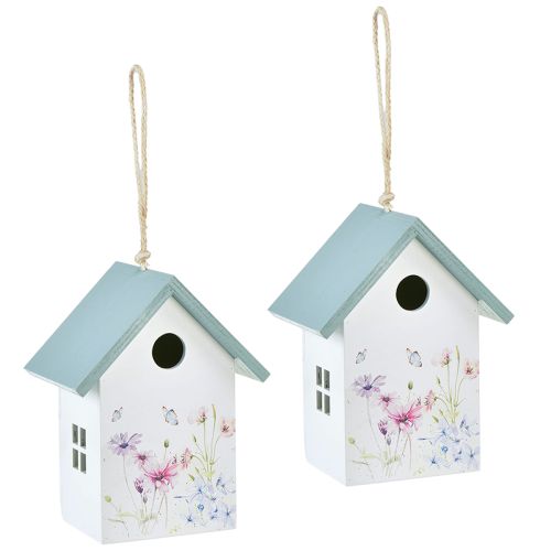 Artikel Vogelhuisje decoratie lente wit turkoois 15x10,5x19cm 2 st