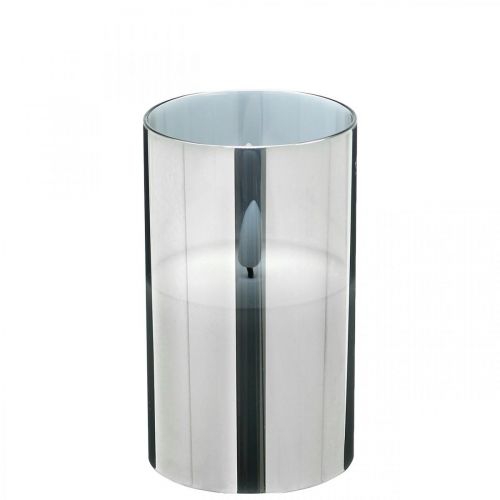 Feestelijke LED-kaars in zilverglas, echte was, warm wit, timer, werkt op batterijen Ø7,3cm H12,5cm