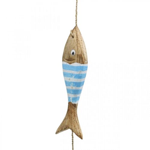 Maritieme deco hanger houten vis om op te hangen lichtblauw L123cm