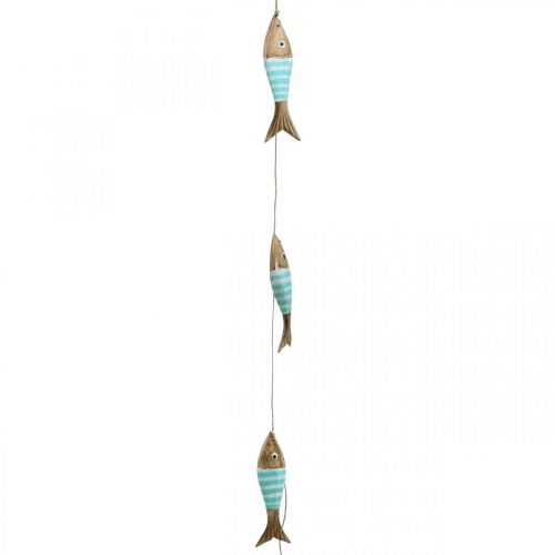 Maritieme decoratieve hanger houten vis om op te hangen turquoise L123cm