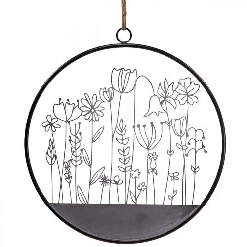 Wanddecoratie bloemenring zomerdecoratie metaal grijs/zwart Ø38cm