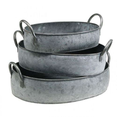 Floristik24 Plantenbak met handvatten, zinken kuip, antiek-look bloemenschaal, zilver L35.5 / 30.5 / 26.5cm, set van 3