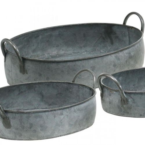 Floristik24 Plantenbak met handvatten, zinken kuip, antiek-look bloemenschaal, zilver L35.5 / 30.5 / 26.5cm, set van 3