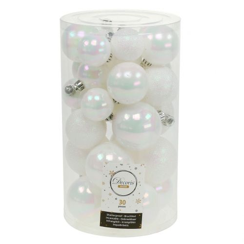 Floristik24 Kerstbal iriserend wit Ø3,5cm - Ø5,5cm 30st