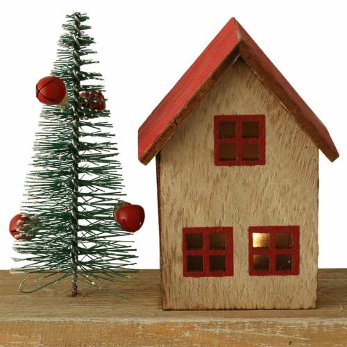 Artikel Kerstdorp met LED-verlichting naturel, rood hout 40 × 10,5 × 7 cm