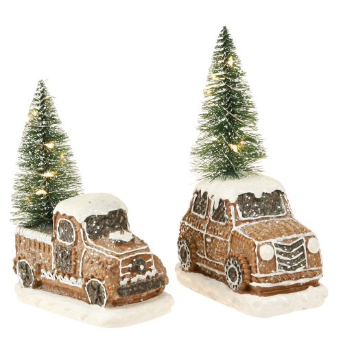 Floristik24 Kerstauto met kerstboom LED in bruin wit 2 stuks