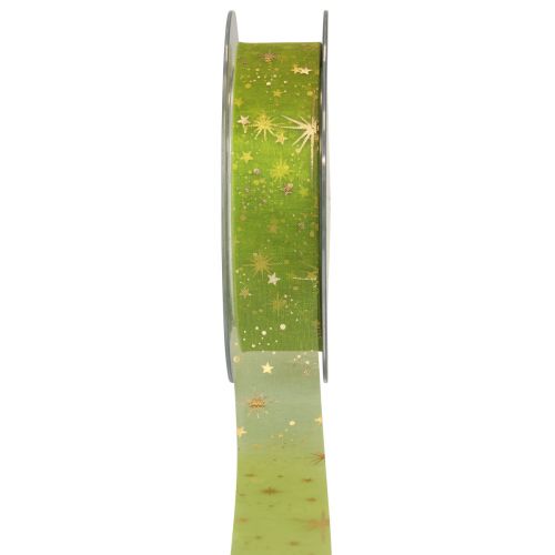 Lint Kerst, organza lint groen sterpatroon 25mm 25m