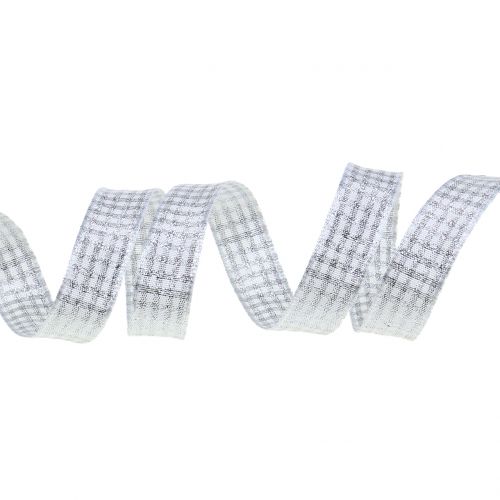 Floristik24 Kerstlint geruit lint met mica wit 15mm 20m
