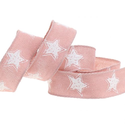 Floristik24 Kerstlint linnen look met ster roze 25mm 15m