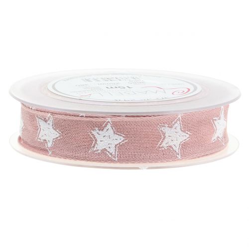 Floristik24 Kerstlint linnen look met ster roze 25mm 15m