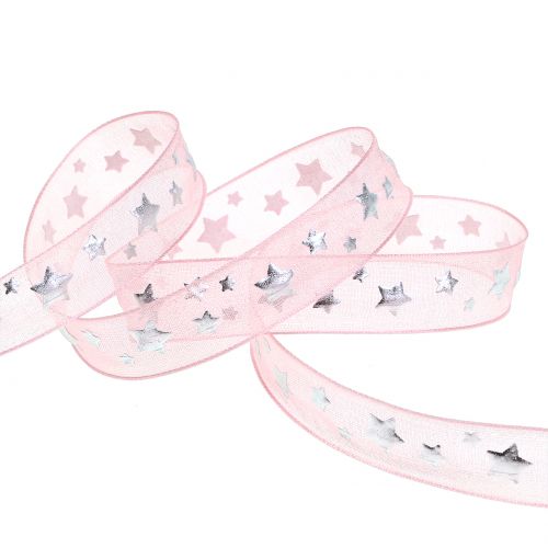 Artikel Kerstlint organza roze met stermotief 15mm 20m
