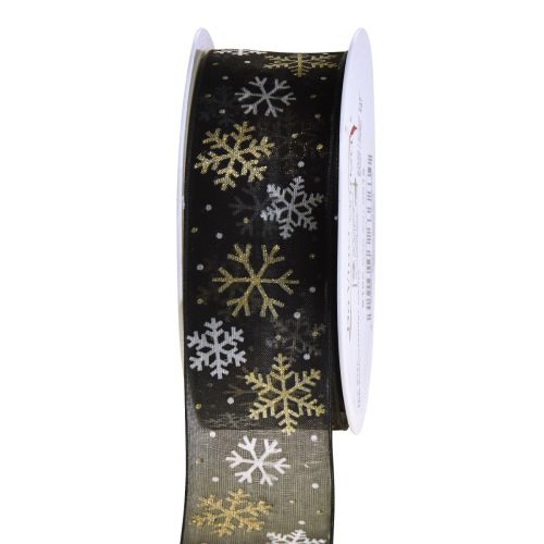 Artikel Kerstlint organza sneeuwvlokken zwart goud 40mm 15m
