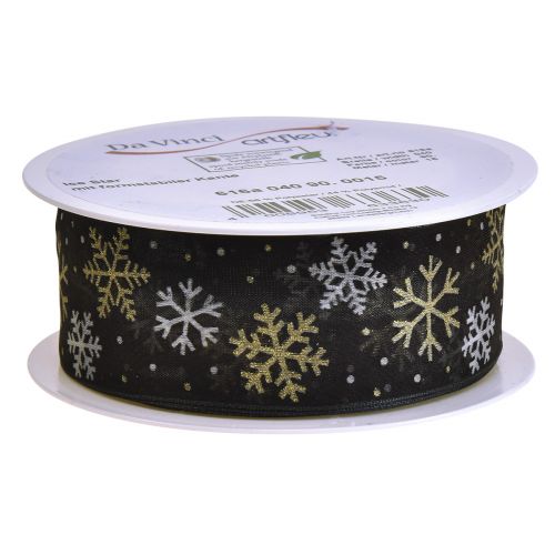 Artikel Kerstlint organza sneeuwvlokken zwart goud 40mm 15m