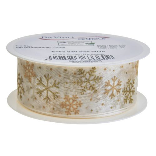 Artikel Kerstlint organza sneeuwvlokken wit goud 40mm 15m