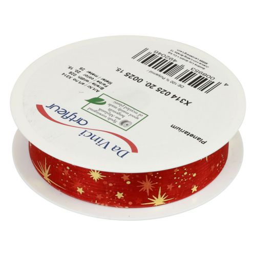 Floristik24 Lint Kerst, organza rood sterpatroon 25mm 25m