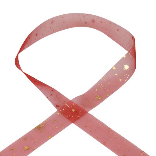 Artikel Lint Kerst, organza rood sterpatroon 25mm 25m