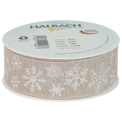Floristik24 Kerstlint sneeuwvlok beige cadeaulint 35mm 15m