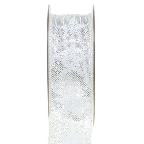 Floristik24 Kerstlint met sterpatroon wit, zilver 40mm 15m