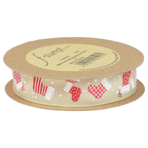 Artikel Kerstlint laarsjes beige rood cadeaulint 25mm 15m