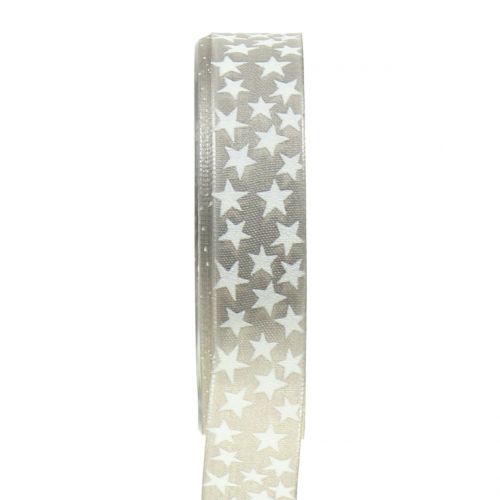 Floristik24 Kerstlint met ster grijs, wit 25mm 20m