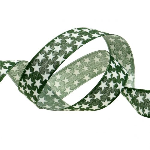 Floristik24 Kerstlint met ster groen, wit 25mm 20m