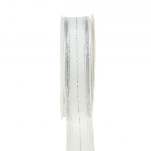 Floristik24 Kerstlint met transparante lurexstrepen wit, zilver 25mm 25m