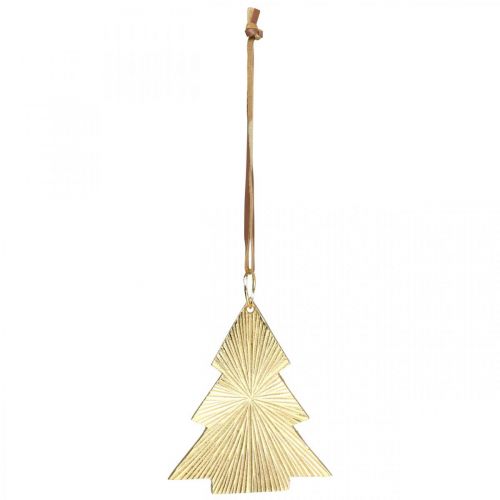 Artikel Kerstboom metaal goud 8x10cm om op te hangen 3st.