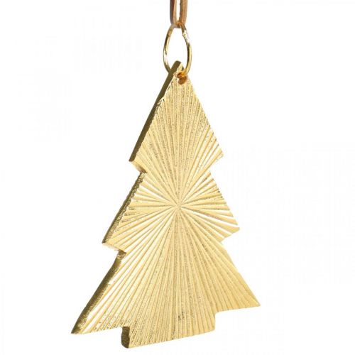 Artikel Kerstboom metaal goud 8x10cm om op te hangen 3st.