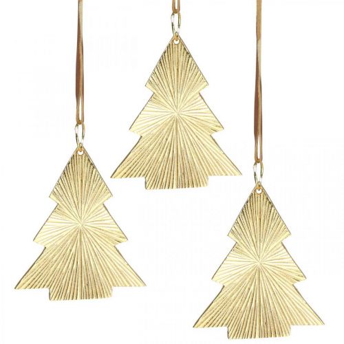 Kerstboom metaal goud 8x10cm om op te hangen 3st.