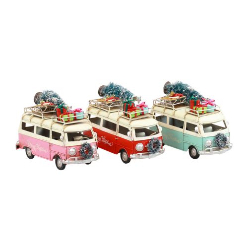 Kerstbus Kerstauto vintage decoratie metaal 17cm 1 stuk