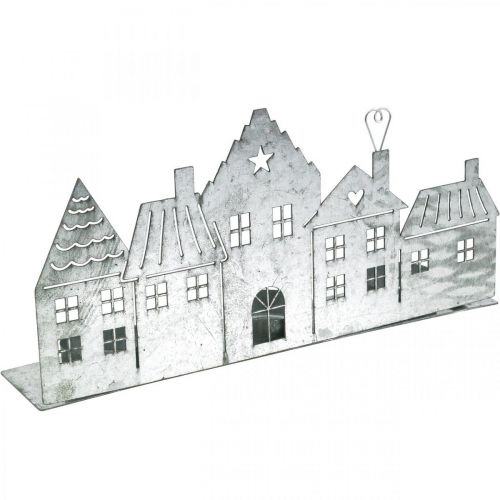 Kerstdecoratie huisjes, theelichthouder metaal zilver 25cm