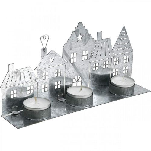 Artikel Kerstdecoratie huisjes, theelichthouder metaal zilver 25cm