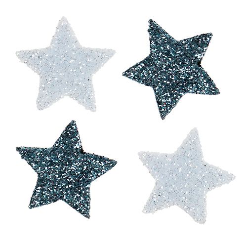 Floristik24 Kerstdecoratie ster 2,5cm mica wit, blauw 48 st