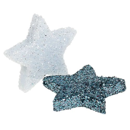 Floristik24 Kerstdecoratie ster 2,5cm mica wit, blauw 48 st