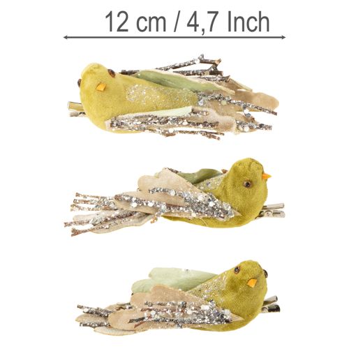 Artikel Kerstdecoratie vogel op clip groen, glitter 12cm 6 stuks assorti