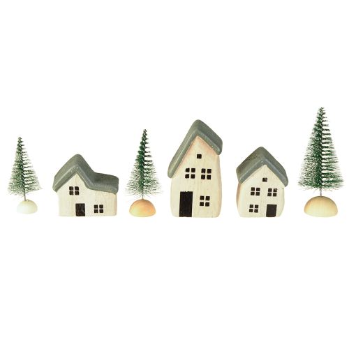 Kerstdorp houten huisjes sparren groen en wit 5-8 cm set van 6