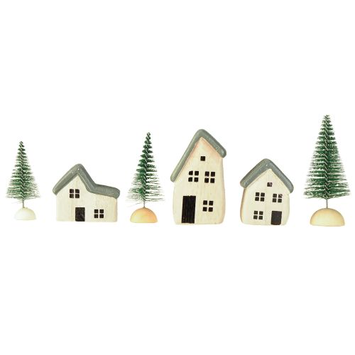 Artikel Kerstdorp houten huisjes sparren groen en wit 5-8 cm set van 6