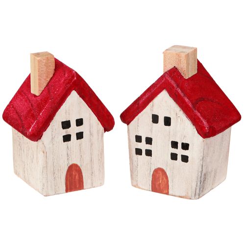 Kersthuisje houten kerstdecoratie wit rood 7cm 6 stuks